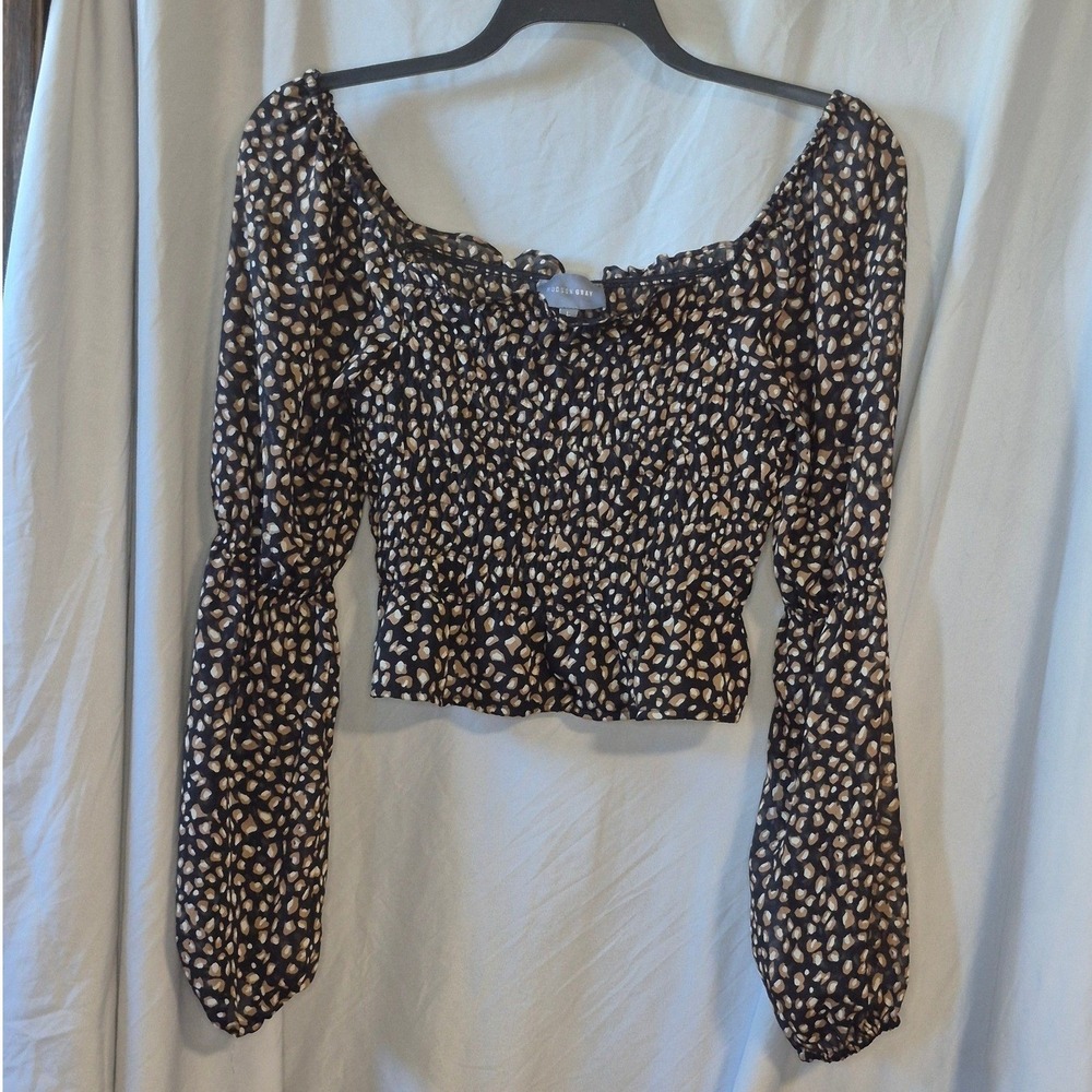 Hudson Gray Women L Leopard Print Ruffle Neck Sleeveless Blouse Black Tan Top